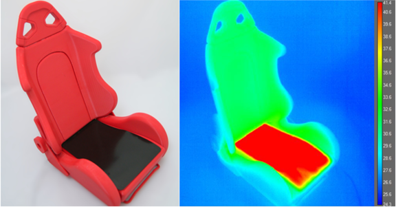 Mit PTC-Folie beheizte Sitzfläche eines Modellsitzes; rechts: Aufnahme mit Wärmebildkamera 