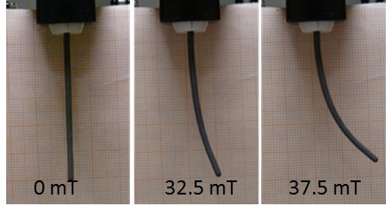 Auslenkung von zylindrischen Stäben (60 Masse % CIP) in einem homogenen Magnetfeld 